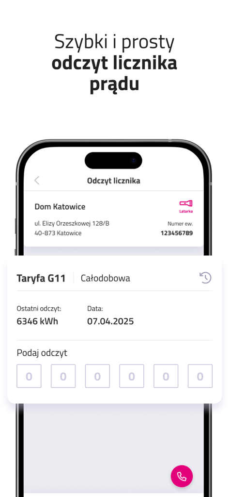 Mój TAURON - Interfaccia mobile dell'app Moj TAURON che mostra la schermata di invio delle letture del contatore del gas per una proprietà a Katowice.
