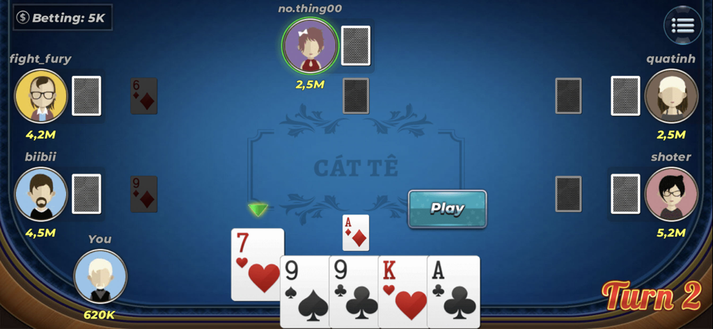 Gameplay screenshot of Catte Offline showing players at a virtual card table with a tactical card hand.