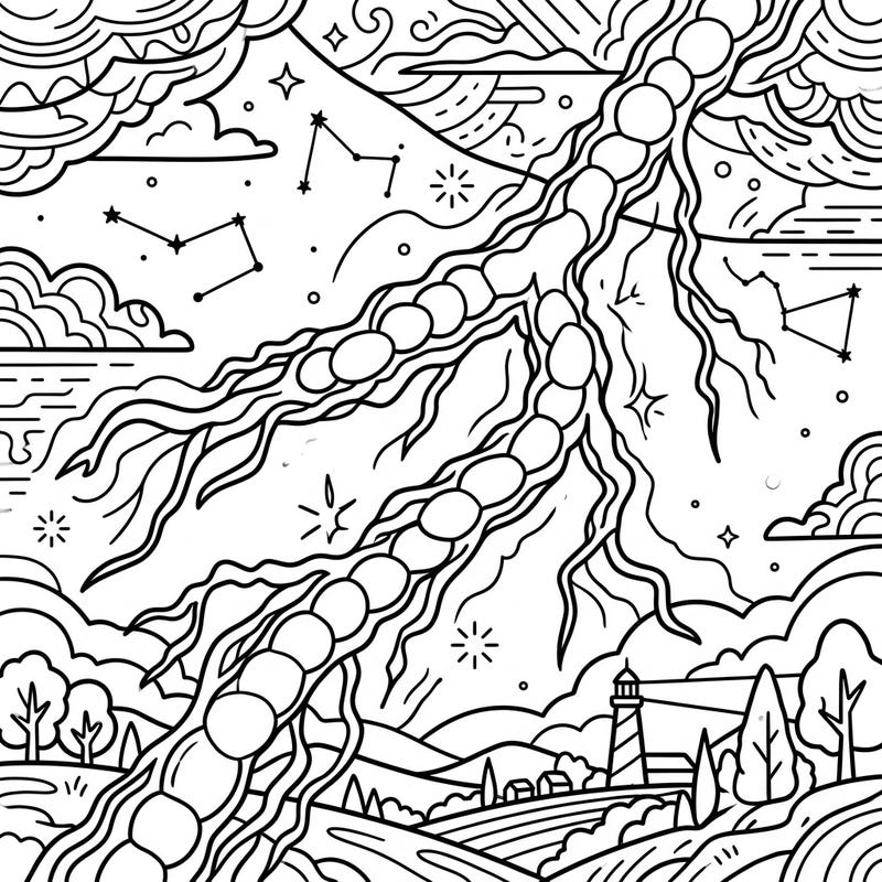 Unravel the mystery of rare Bead Lightning with this captivating coloring page, thoughtfully designed with large print and clear outlines for seniors. Immerse yourself in a relaxing celestial scene perfect for mindful artistic expression.