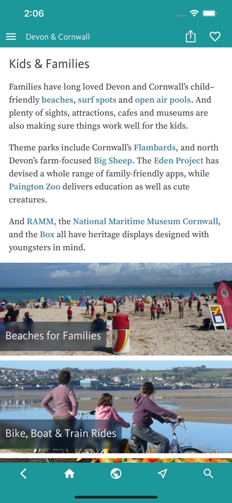 해변과 사이클링 활동을 보여주는 데본 및 콘월 여행 가이드 앱의 어린이 및 가족 섹션