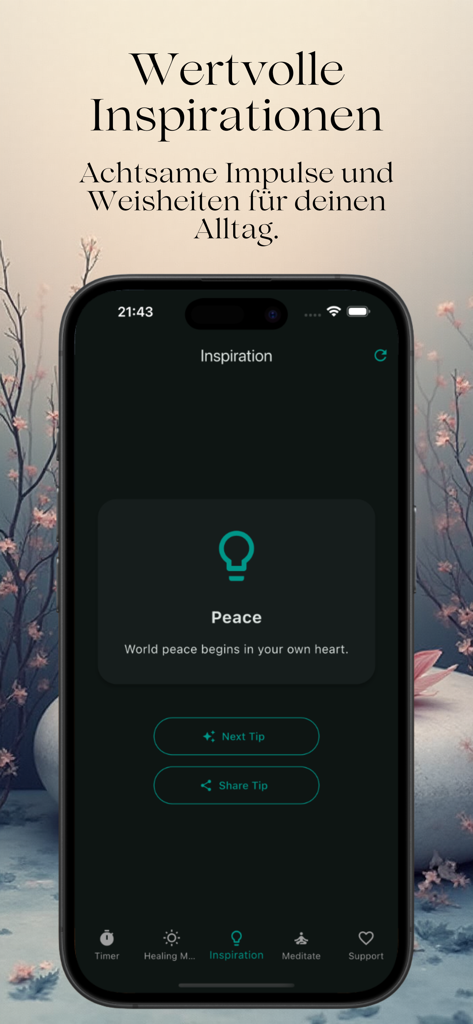 Meditation Gong - Captura de pantalla de la pantalla de inspiración de la aplicación Gong de Meditación con una cita sobre la paz interior.