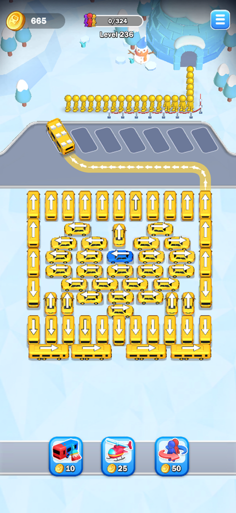 Car Jam 3D: Bus parking Master - Car Jam 3D Bus Parking Master gameplay showing a winter level with yellow buses and passengers