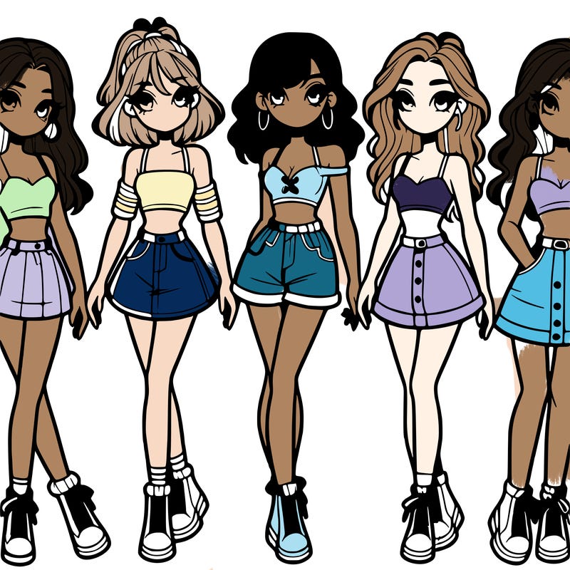 5 girls in crop tops and skirts