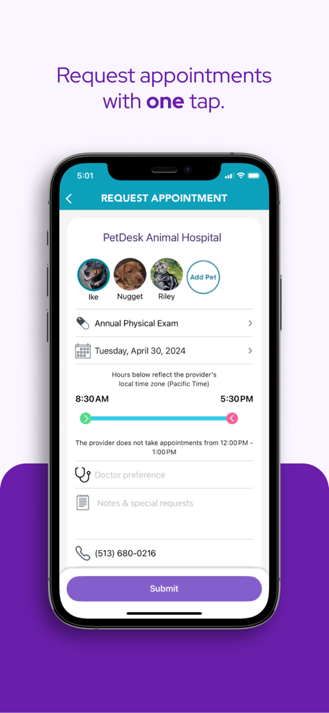 PetDesk - PetDesk app interface showing a 24-7 pet health appointment request form