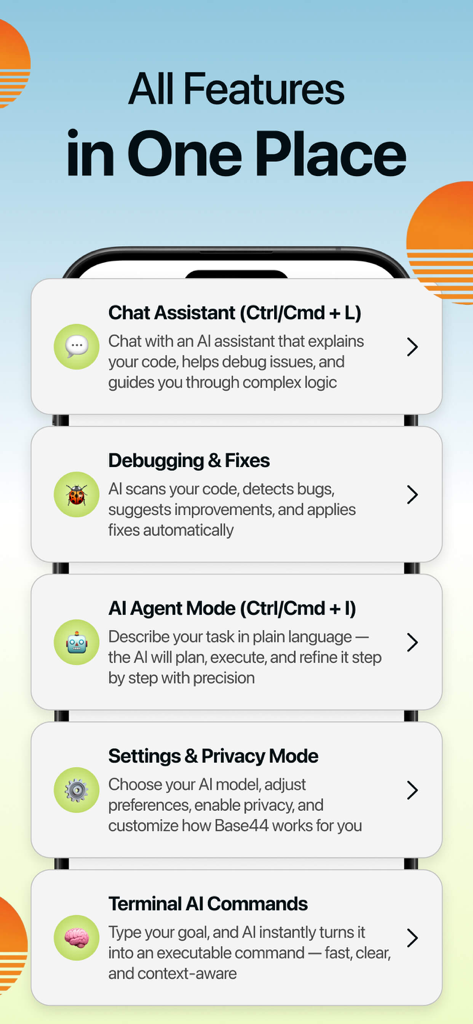 Base44 Guide - Base44ガイドアプリ画面。チャットアシスタント、AIエージェントモード、ターミナルAIコマンドなどの機能を表示。