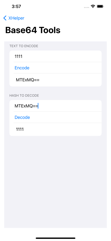 XHelper app screenshot showing Base64 encoding and decoding utility screen