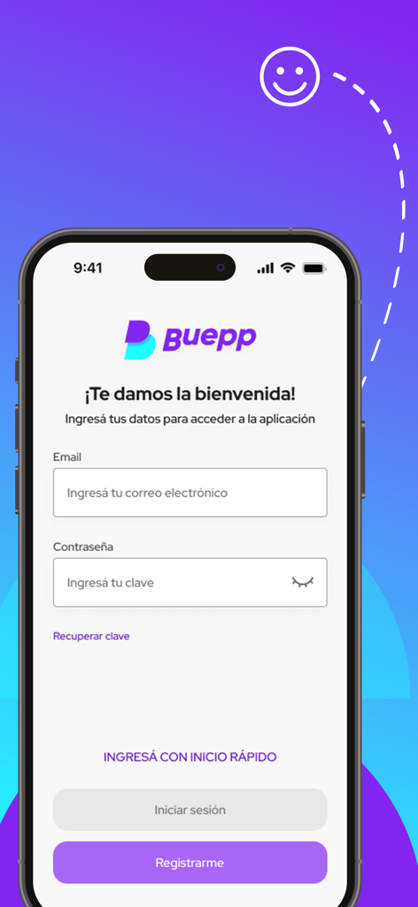 Buepp: Tu billetera urbana - Login screen of the Buepp digital wallet app with welcome message and sign in options