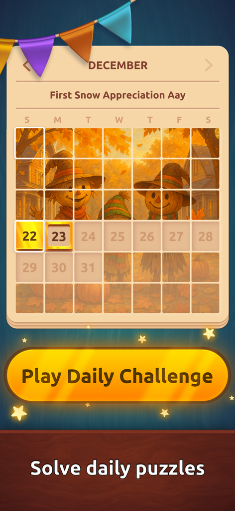 Colorwood Words - Cryptogram - Monthly calendar interface for daily puzzle challenges in Colorwood Words