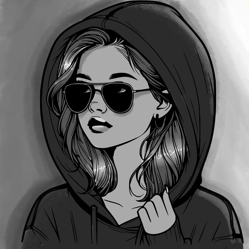 realistic teenage girl, wearing a hoodie and sunglasses