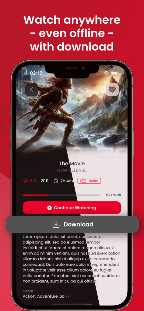 IPTV 4K HD Sports - UPlayer - IPTV player interface showing movie details with a prominent download button for offline viewing