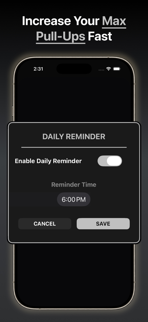 Stew Smith's Pull-Up Push - Daily reminder setting screen for the Stew Smith Pull-Up Push workout app