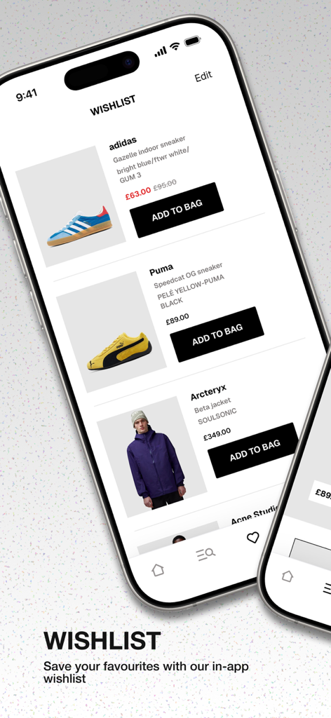 Smartphone showing the SEVENSTORE app wishlist section with saved Adidas and Puma sneakers and an Arcteryx jacket