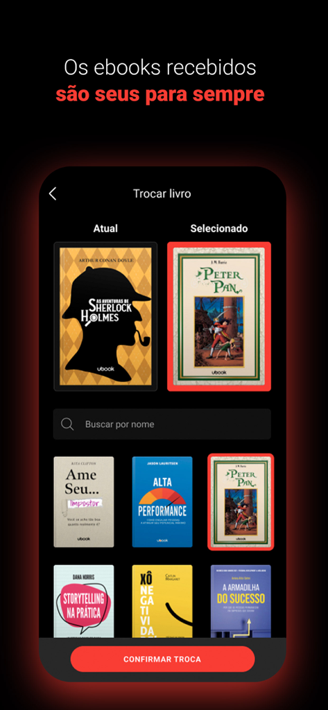 Claro Livros app interface showing the monthly ebook swap feature with book titles like Sherlock Holmes and Peter Pan.