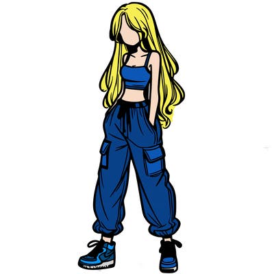girl in baggy pants crop top and long hair