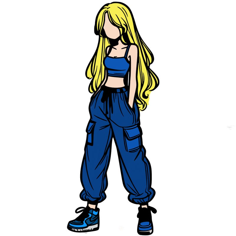 girl in baggy pants crop top and long hair