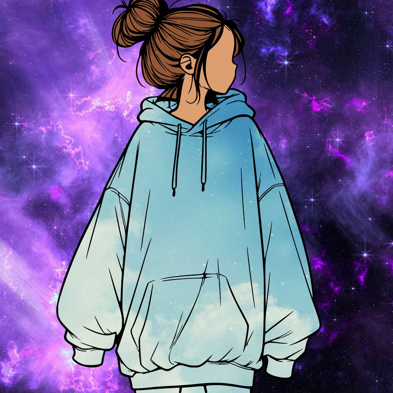 realistic girl with a oversized sweatshirt on and a bun