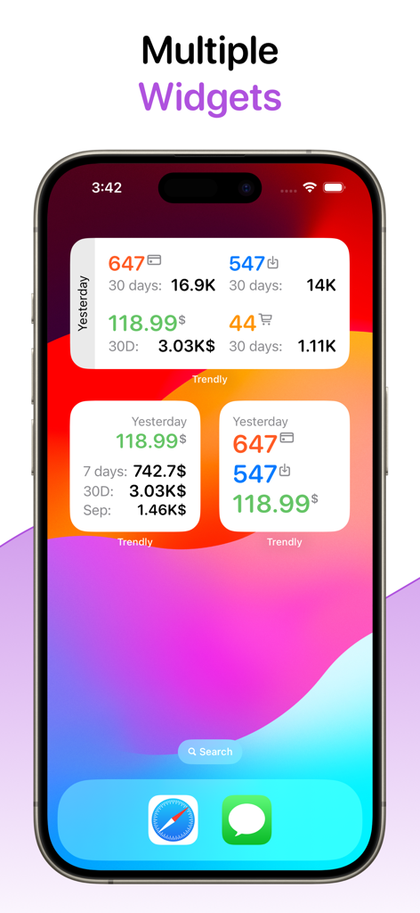 Trendly: App Sales - iPhone-Startbildschirm mit mehreren Trendly-Widgets mit App-Verkaufs- und Download-Metriken