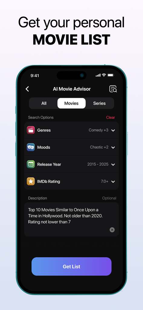 AI Movie Advisor screen showing personalized movie search and recommendation options