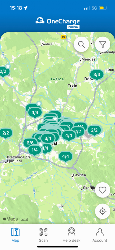 Map view in the OneCharge SI app showing available electric vehicle charging stations and their occupancy