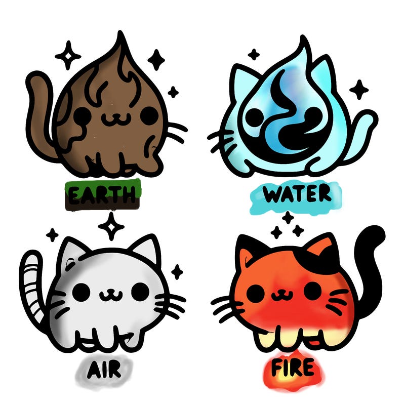 4 cats that represent the different elements, earth, water, air, and fire