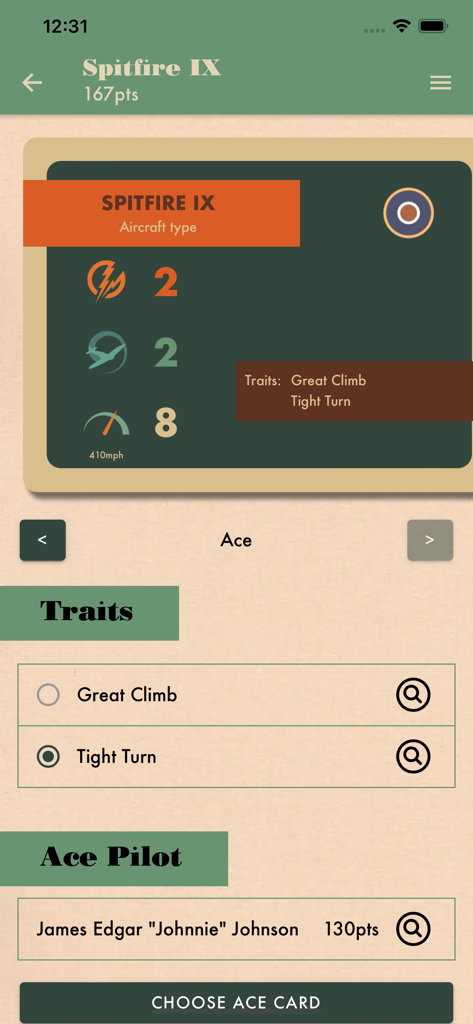 Mobile app interface showing Spitfire IX aircraft stats and ace pilot selection for Blood Red Skies wargame.