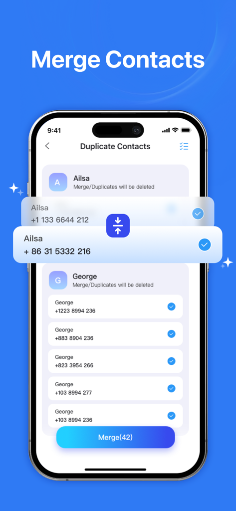 Smart Cleaner app interface showing how to merge duplicate contacts to organize the address book