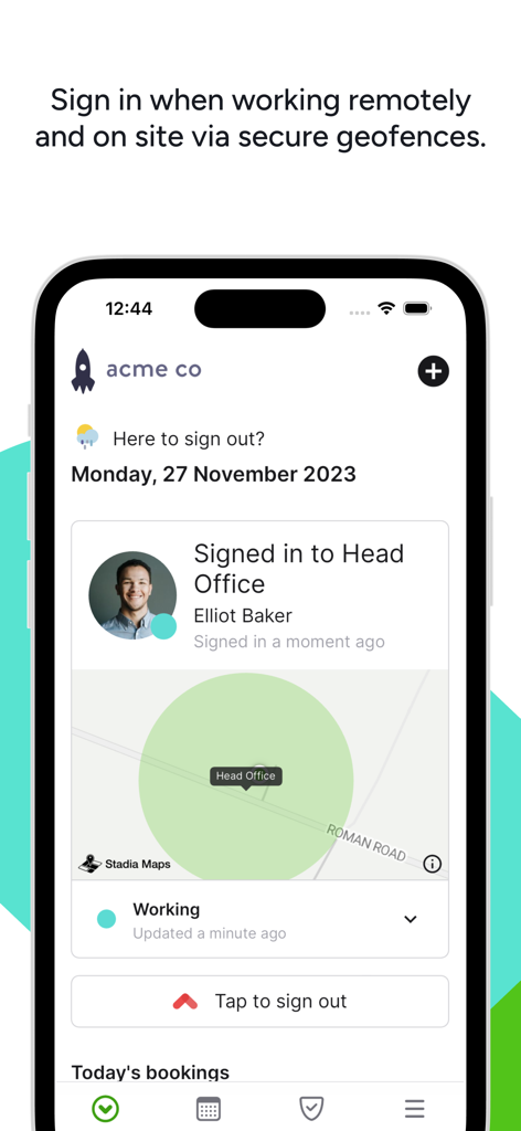Sign In Companion - Sign In Companion App zeigt einen Benutzer an, der sich über eine Geofencing-Karte im Head Office angemeldet hat.