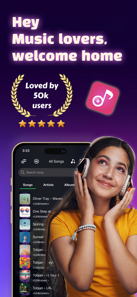 Offline MP3 Music Player - Interfaz de la aplicación Reproductor de Música MP3 sin Conexión que muestra una lista de canciones y un usuario feliz con auriculares