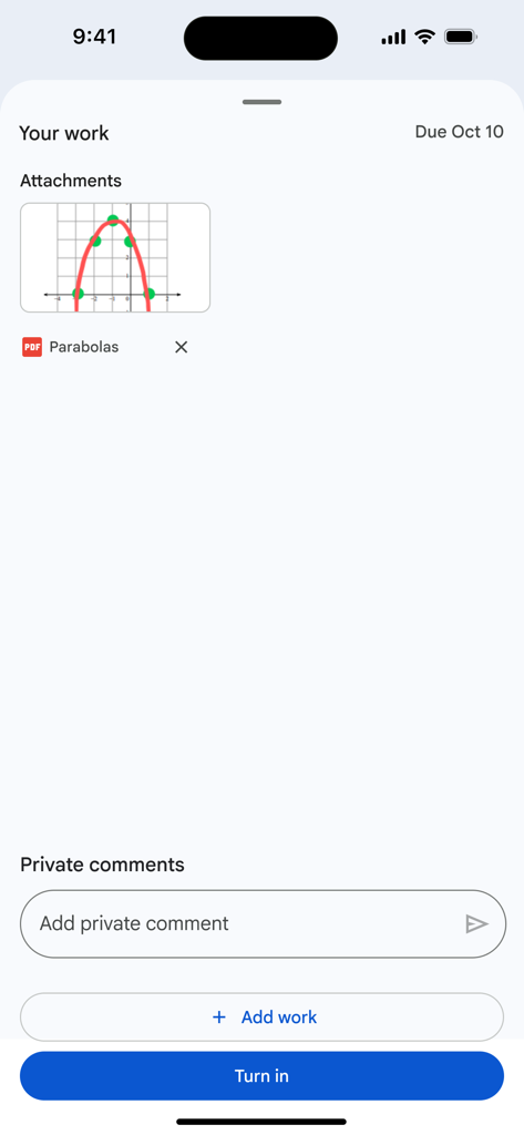 Interfaccia dell'app Google Classroom che mostra una schermata di invio del compito dello studente con un allegato PDF e un pulsante blu di consegna