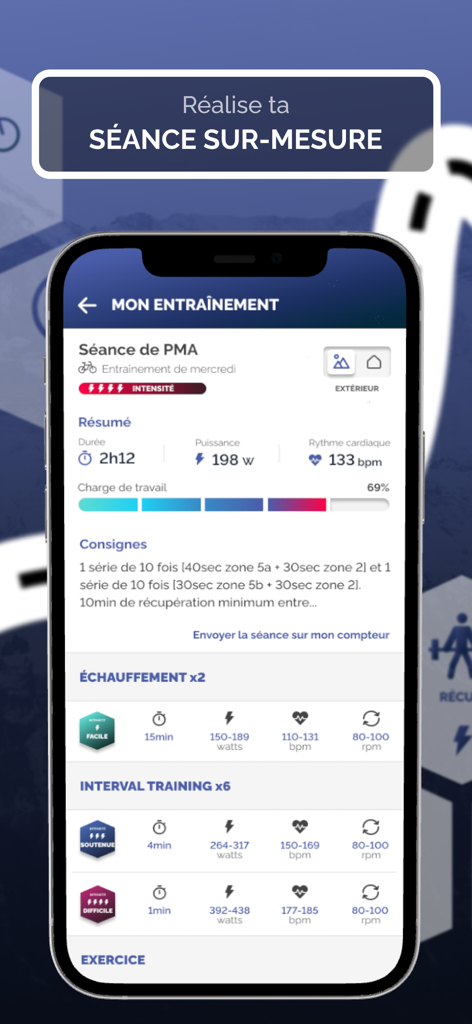 A detailed personalized cycling training session on the Frive app showing power metrics and interval training sets.