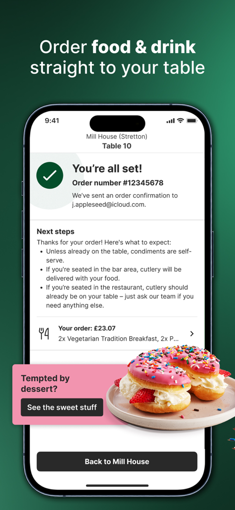 Greene King app order confirmation screen showing a successful transaction and next steps for the user