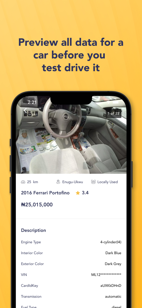 Autochek - Schermata dell'app mobile Autochek che mostra specifiche dettagliate del veicolo, prezzi e dati di ispezione.
