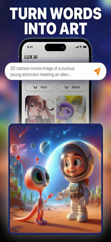 AI Art Image Generator LUX - LUX AI app showing a 3D cartoon astronaut and alien generated from a text prompt
