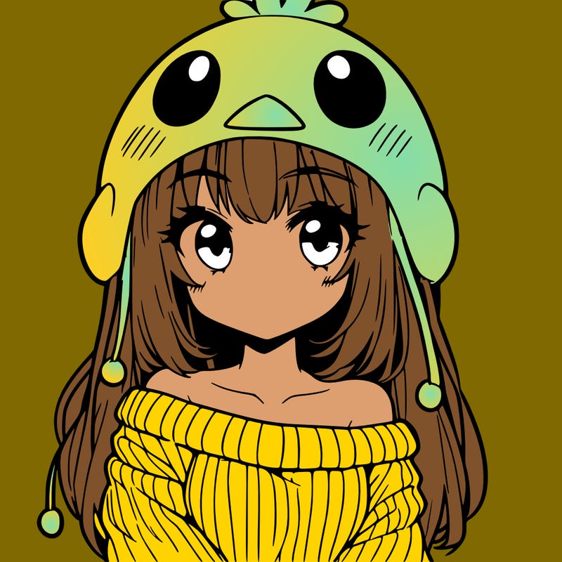anime girl with chick shaped hat with sweater with bare shoulders with bangs covering them one eye with low tail
