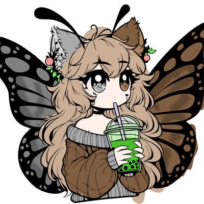 a realistic butterfly/furry girl drinking boba