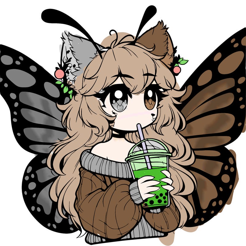 a realistic butterfly/furry girl drinking boba