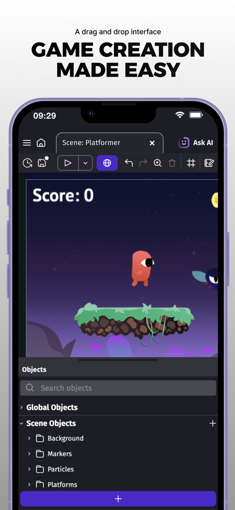 GDevelop - Create & Play Games - GDevelop mobile app interface showing a drag and drop game editor for creating a platformer game