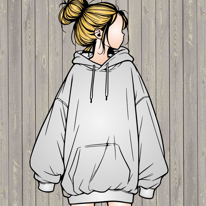 realistic girl with a oversized sweatshirt on and a bun