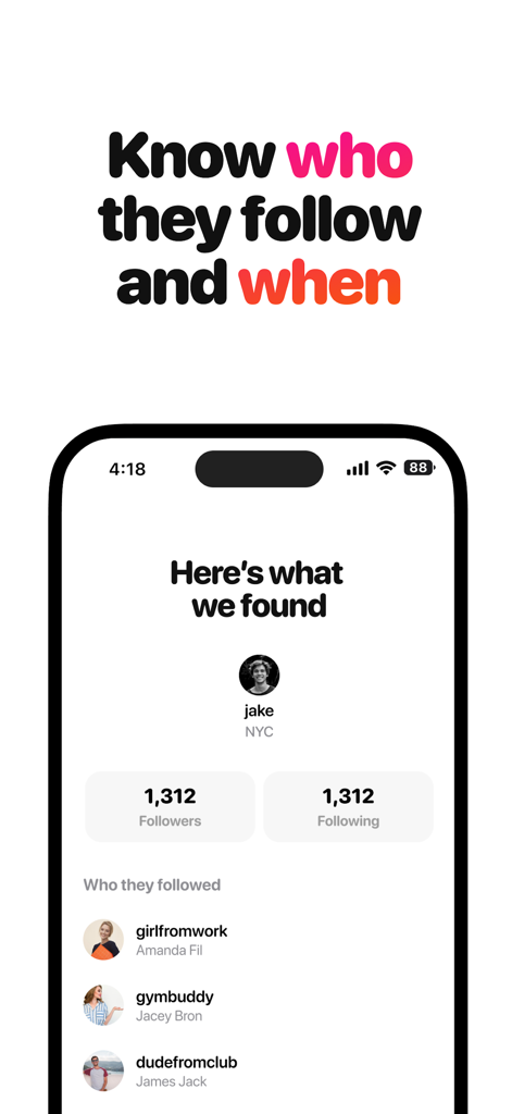 Toxic: Followers Tracker - Écran d'application mobile montrant une liste des personnes qu'un utilisateur spécifique a récemment suivies sur Instagram