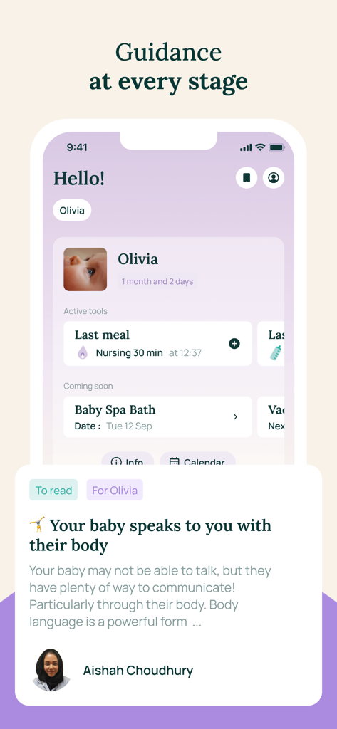 May – Baby, parents - 専門家のアドバイスと授乳記録が表示されたMayベビー追跡アプリのダッシュボード