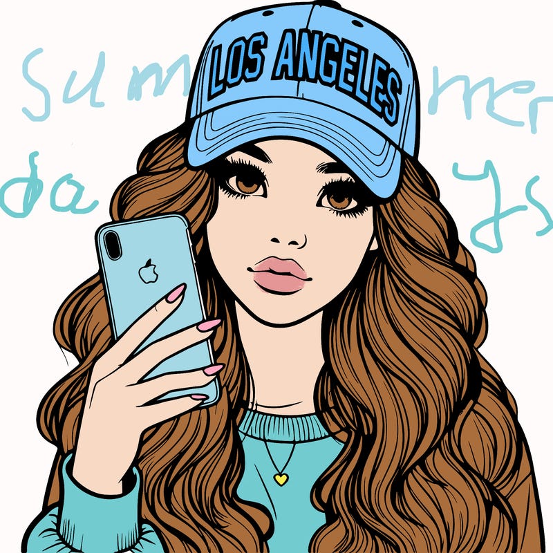 realistic beautiful girl wearing los ángeles cap holding an iphone