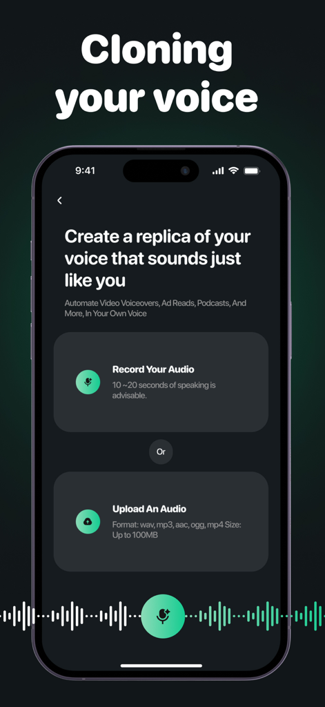 Interfaz de la aplicación Voice Box para clonar tu voz usando IA con opciones de grabación y carga