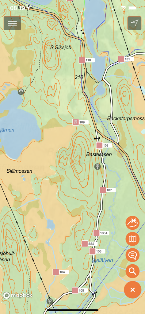Easyhunt - A topographic map in the Easyhunt app showing terrain features and numbered hunting stand locations