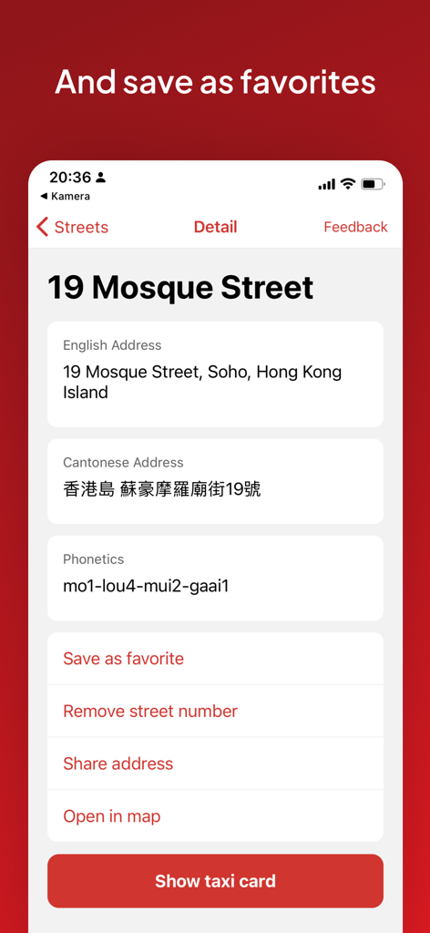 Hong Kong Taxi Translator - Detail screen of the Hong Kong Taxi Translator app showing an address with English and Cantonese translations and a save as favorite option