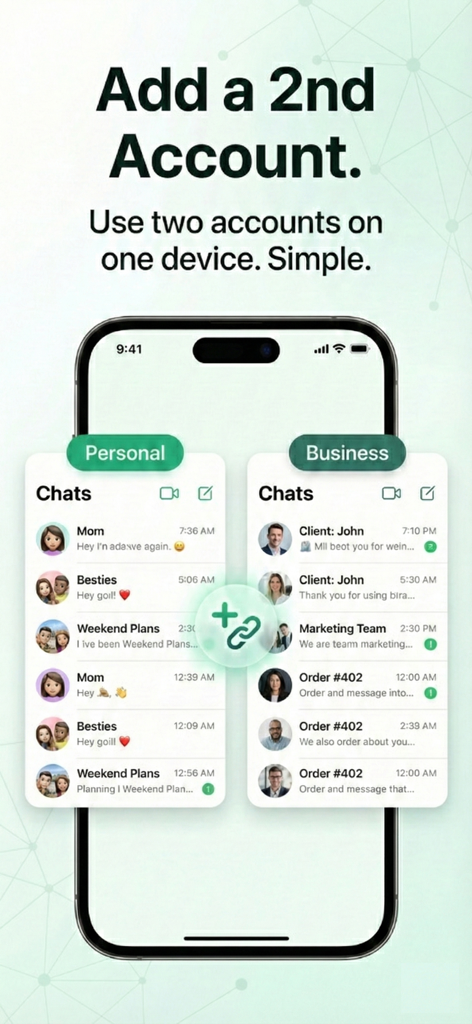 iPhone-Bildschirm, der getrennte persönliche und geschäftliche Chat-Konten in einer App anzeigt