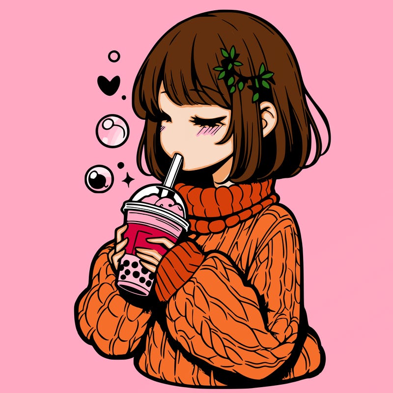 manga girl drinking boba in cozy sweater