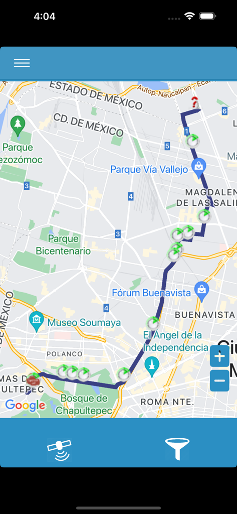 Qbo - Qbo-App-Oberfläche, die eine verfolgte Fahrzeugroute auf einer Karte mit Datenpunkten anzeigt