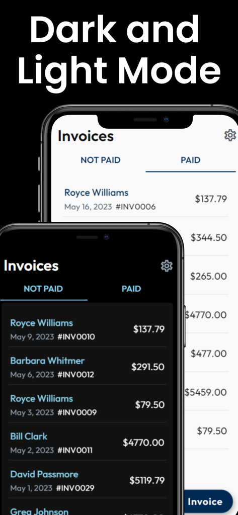 請求書メーカーアプリのスクリーンショット。ダークモードとライトモードのインターフェースオプションの両方が表示されます。