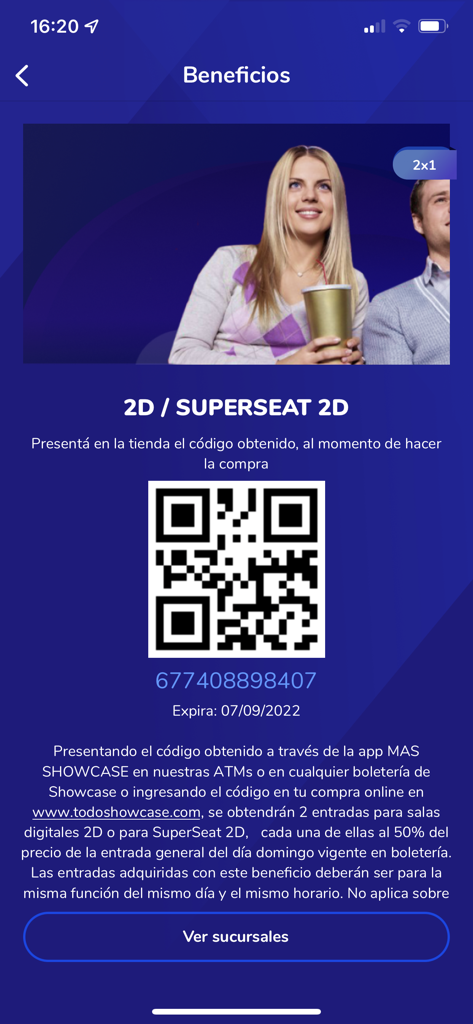 Screen showing a 2x1 movie ticket reward and digital QR code in the Mas Showcase app