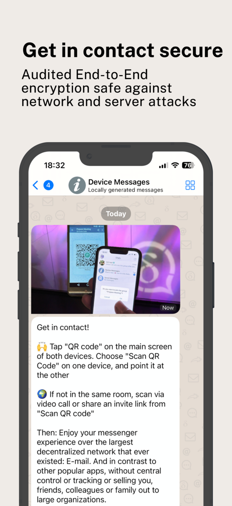 Smartphone screen displaying Delta Chat secure messaging onboarding with QR code scanning instructions and encryption details.